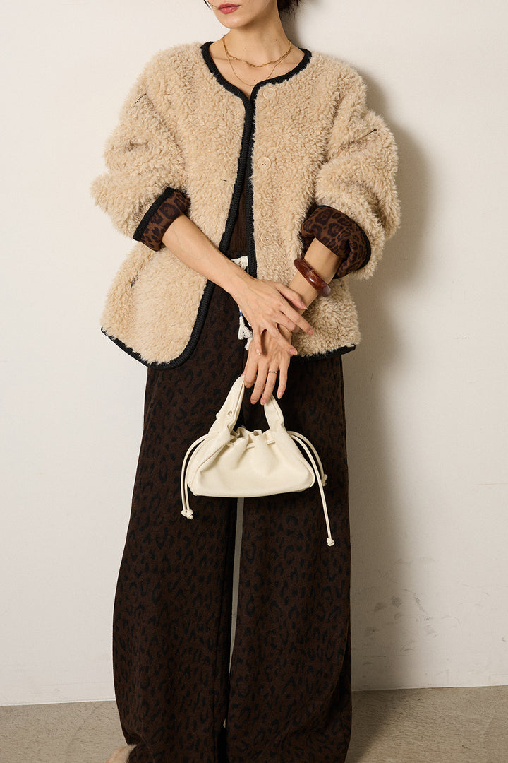 [SET]ノーカラー裏地レオパードボアアウター+レオパードジャガードニットパンツ(2set)