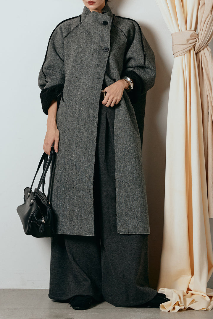 [SET]裏地ボアハイネックロングアウター+フェイクレザー太ベルト付きタックワイドパンツ(2set)