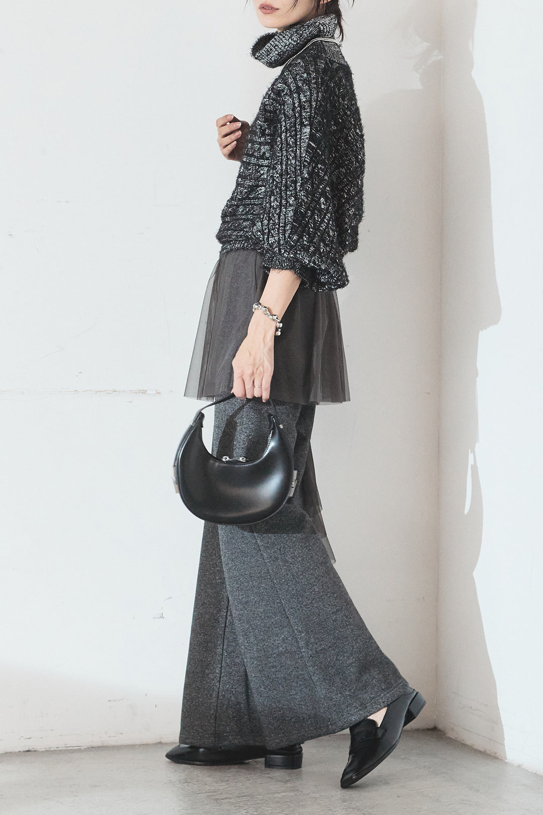 [SET]ミックス編みドルマンニットトップス+チュールレイヤードニットパンツ(2set)