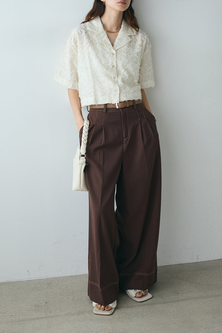 [SET]半袖オープンカラージャガード柄シャツ+ステッチデザインベルトワイドパンツ(2set)