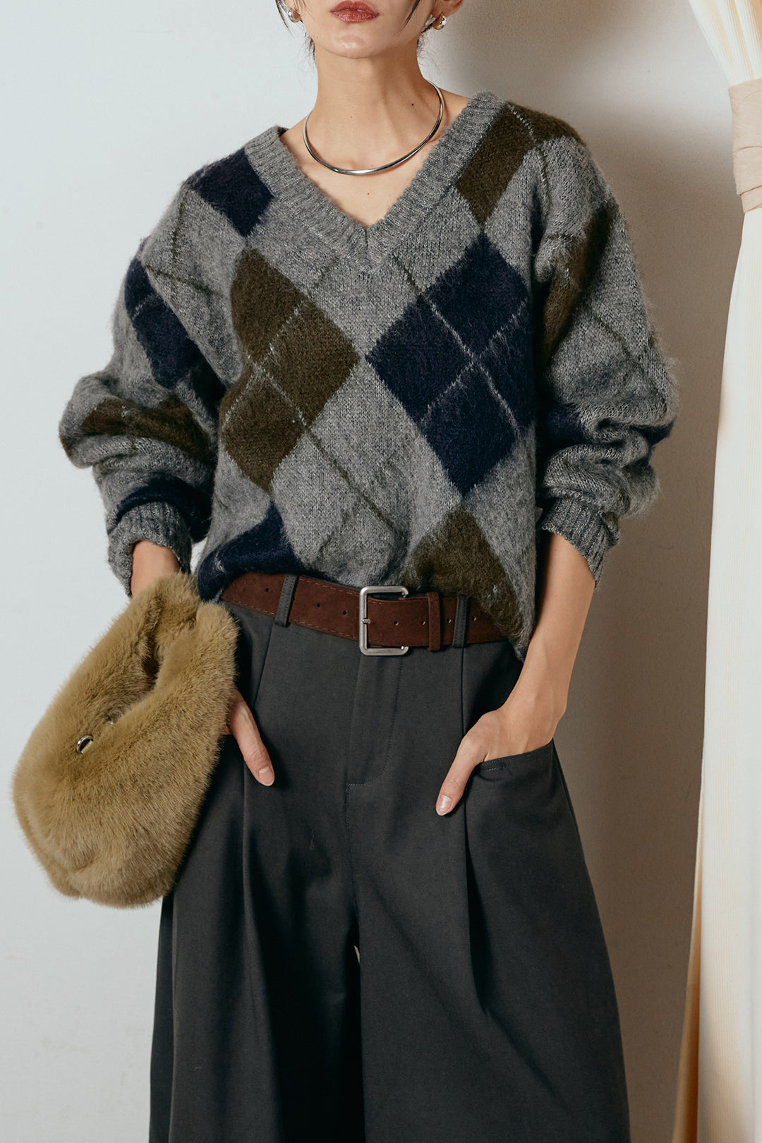 [SET]アクリルモヘアアーガイルVネックプルオーバー+太ベルト付きタックデザインワイドパンツ(2set)