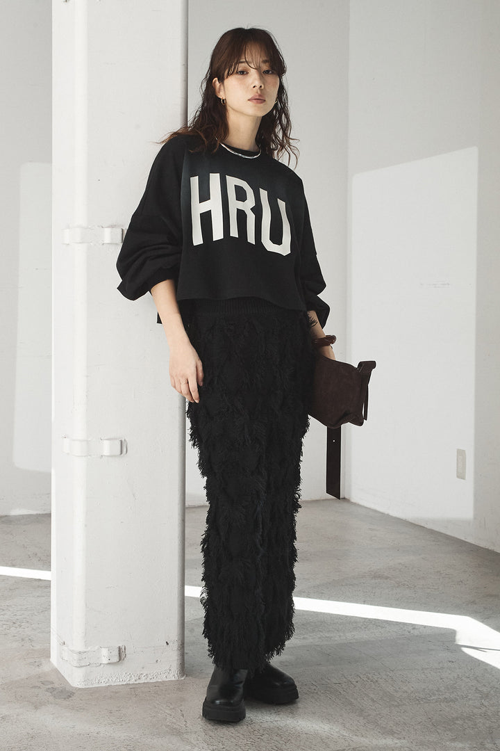 [SET]ビッグロゴHRU袖ボリュームトップス+カットフリンジニットタイトスカート(2set)