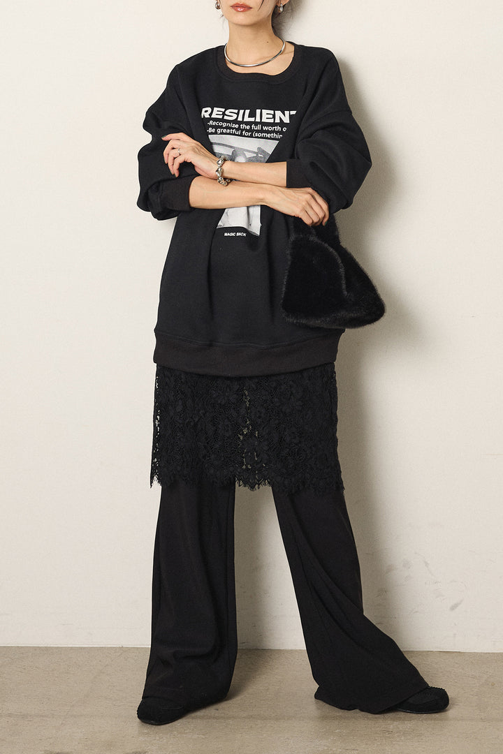 [SET]モノトーンプリントスウェット+レース刺繍レイヤードフレアパンツ(2set)