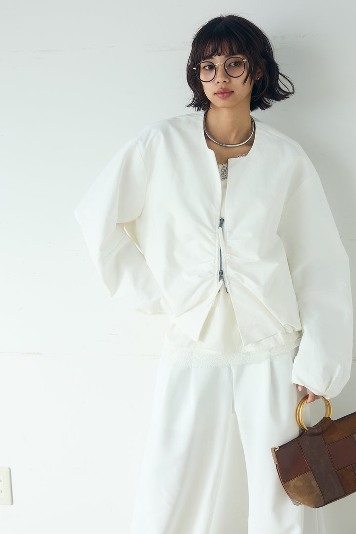 [SET]ノーカラーフロントギャザージップアウター+斜めボタンタック入りスラックス+ブロード切り替えぺプラムタンク(3set)