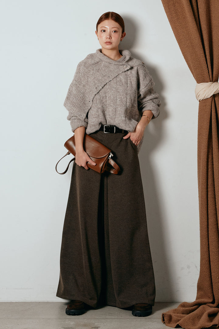 [SET]ケープデザインケーブルニットトップス+ベルト付きフロントタックデザインパンツ(2set)