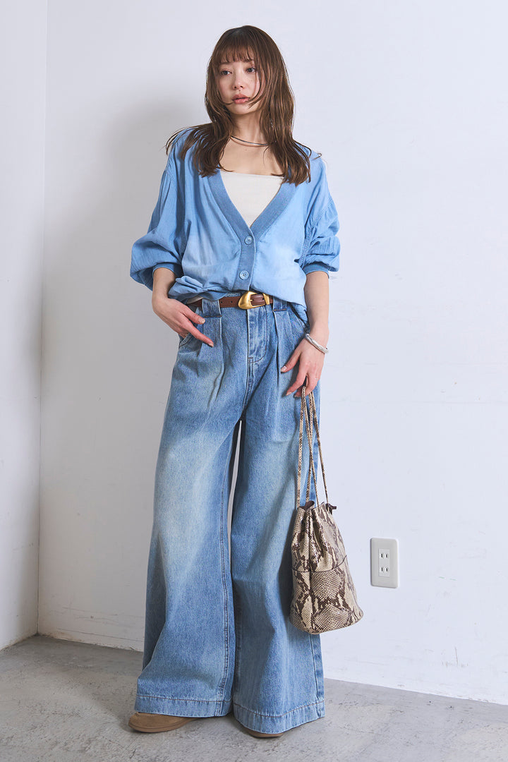 [SET]シアーデニムカーディガン+ベルトループワイドタックデニムパンツ(2set)