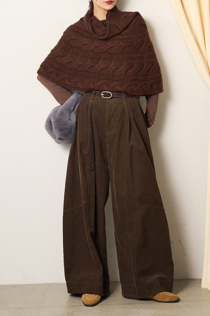 [SET]ケーブル編みケープレイヤードニット+タック入りコーデュロイワイドパンツ(2set)
