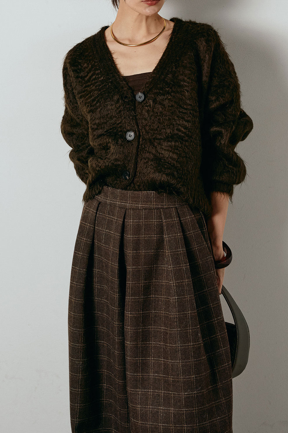 起毛ボタンニットカーディガン/コーヒー