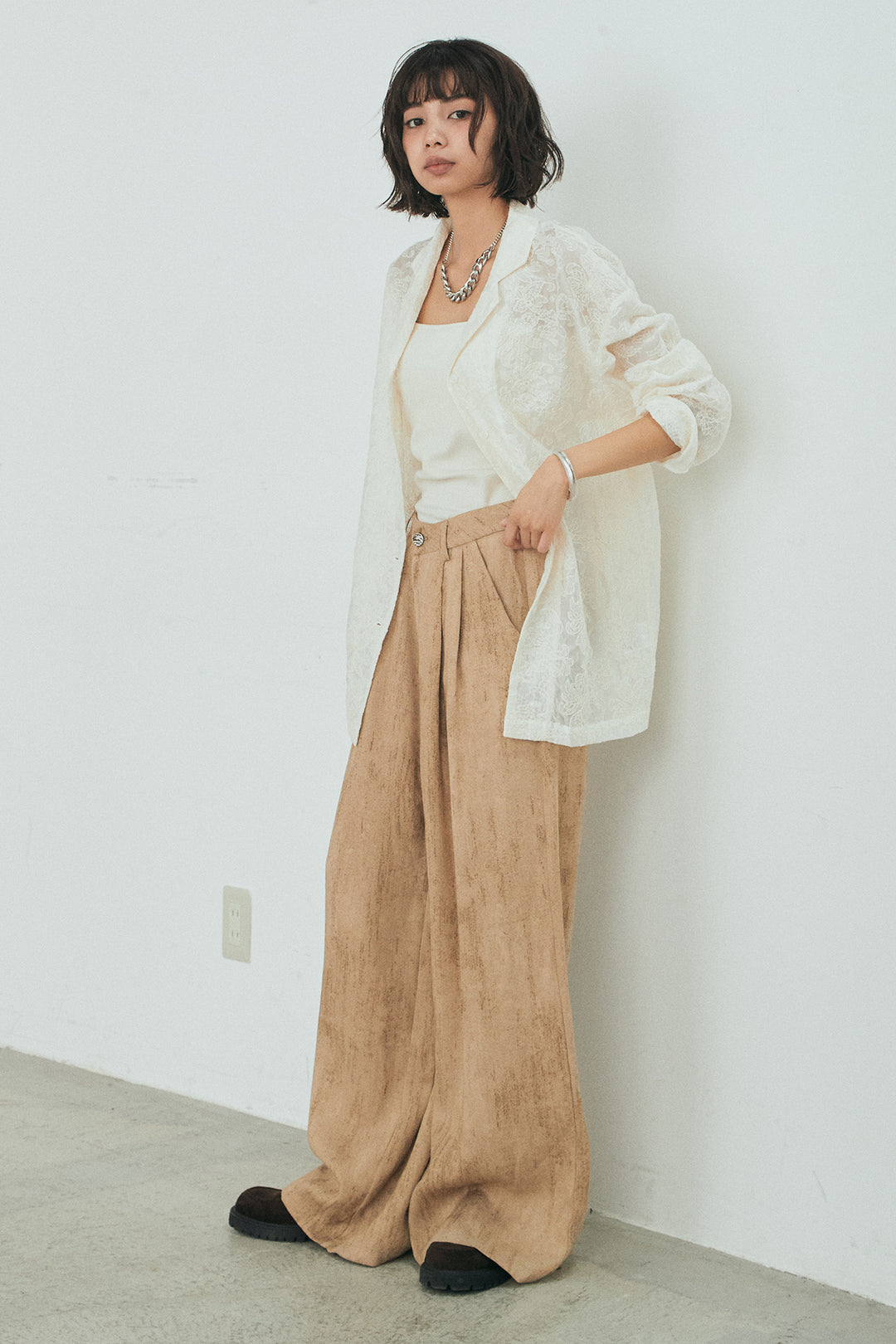 [SET]刺繍シアーオープンカラーシャツ+リネン混かすれ柄ワイドパンツ(2set)
