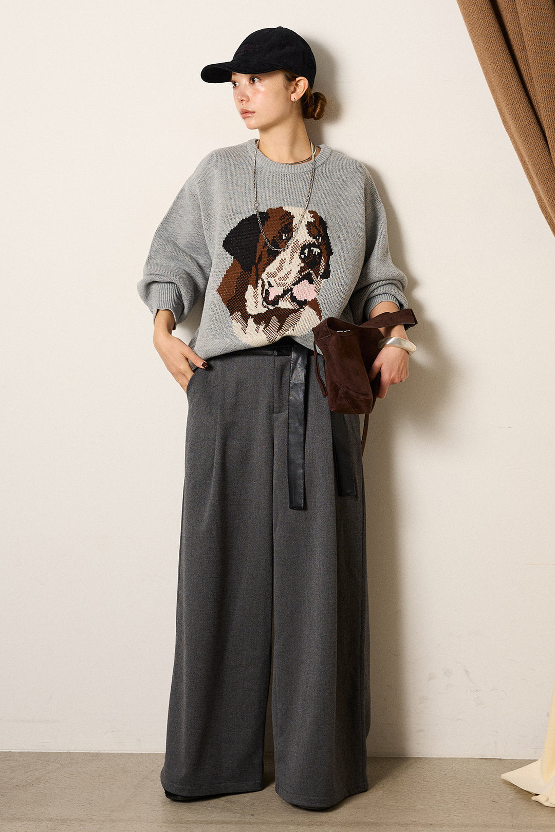 [SET]アニマルジャガード柄ニットトップス+巻ベルトウエストレザーライクワイドパンツ(2set)