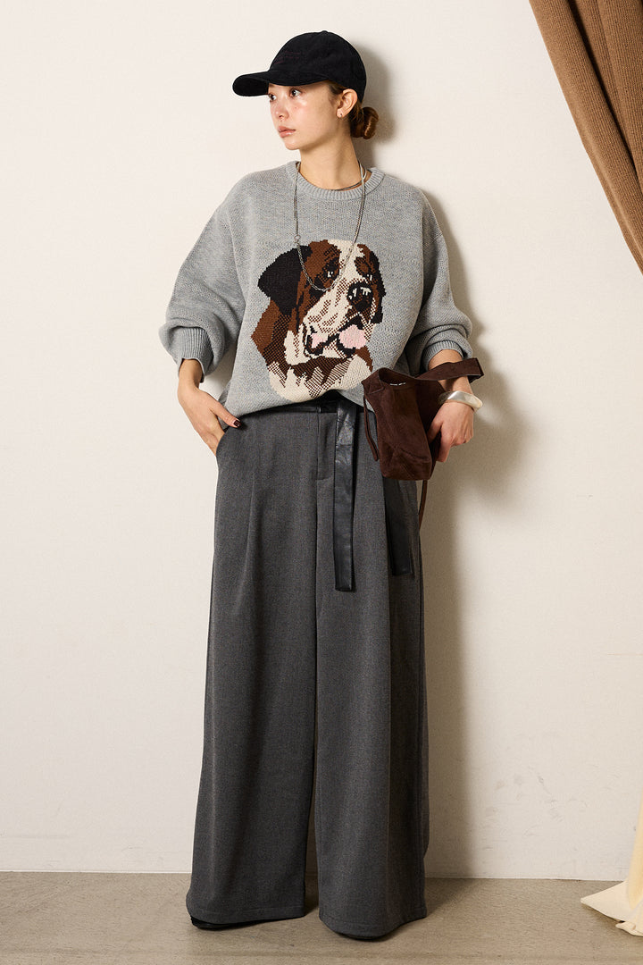 [SET]アニマルジャガード柄ニットトップス+巻ベルトウエストレザーライクワイドパンツ(2set)