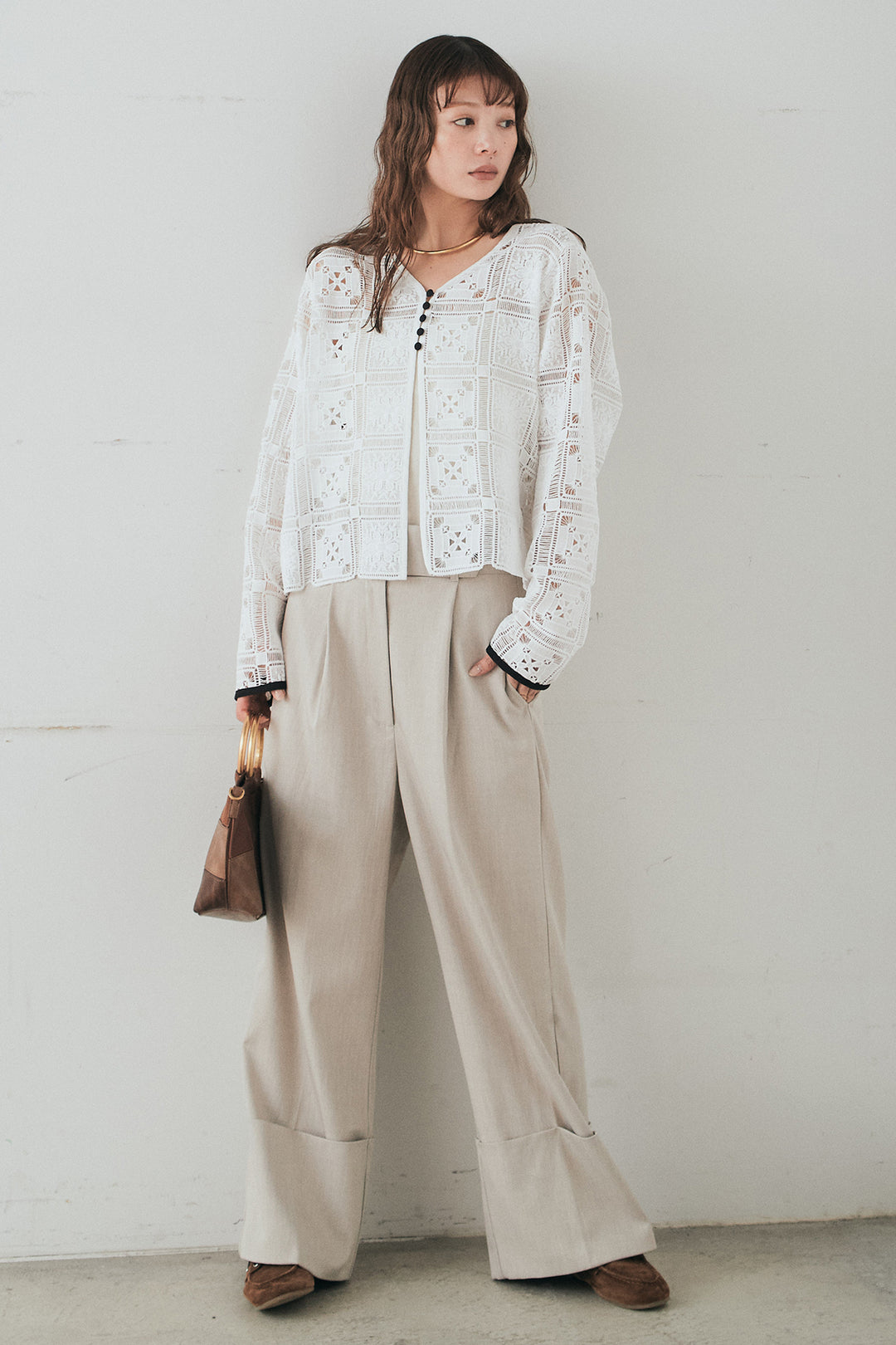 [SET]クロシェレースカーディガン+センタープレスセミワイドパンツ(2set)