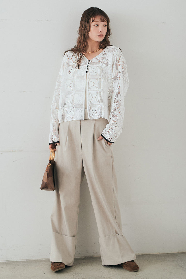 [SET]クロシェレースカーディガン+センタープレスセミワイドパンツ(2set)