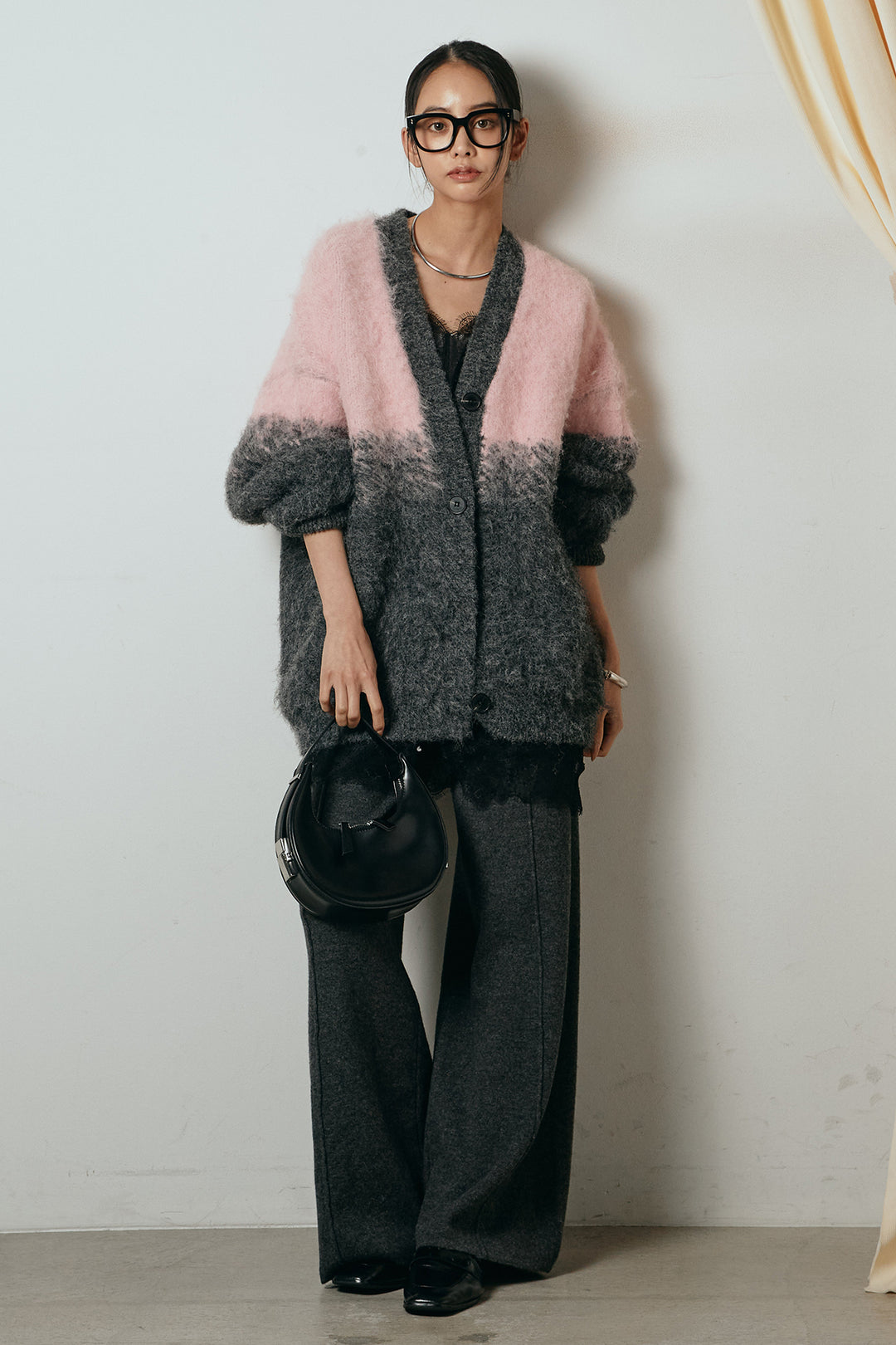 [SET]起毛グラデーションニットカーディガン+レース切り替えキャミソール+センターラインニットパンツ(3set)