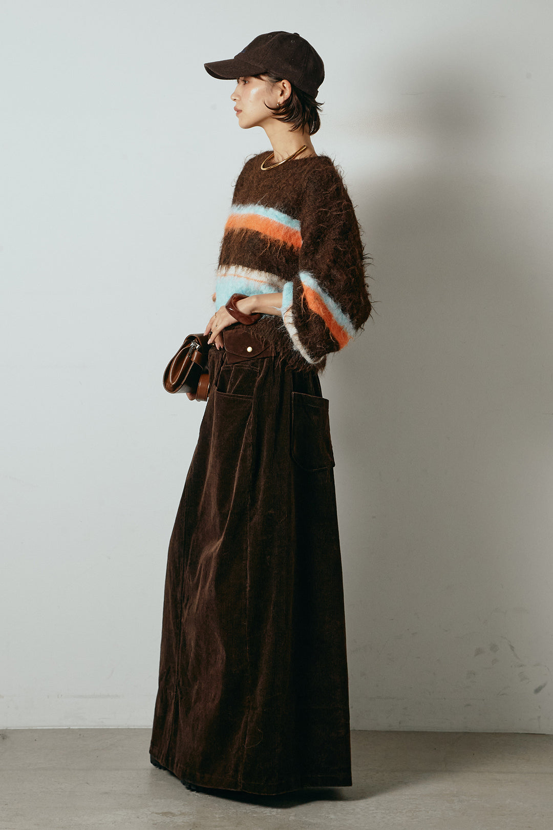 [SET]起毛配色マルチボーダーニットトップス+ポーチベルト付きコーデュロイワイドスカート(2set)