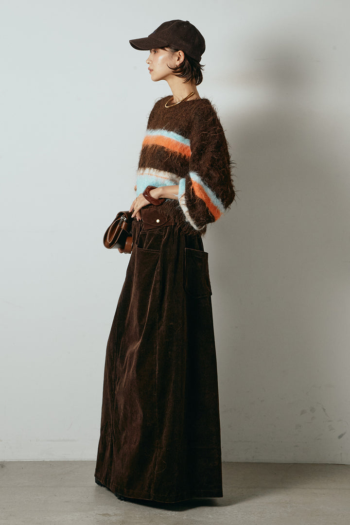 [SET]起毛配色マルチボーダーニットトップス+ポーチベルト付きコーデュロイワイドスカート(2set)