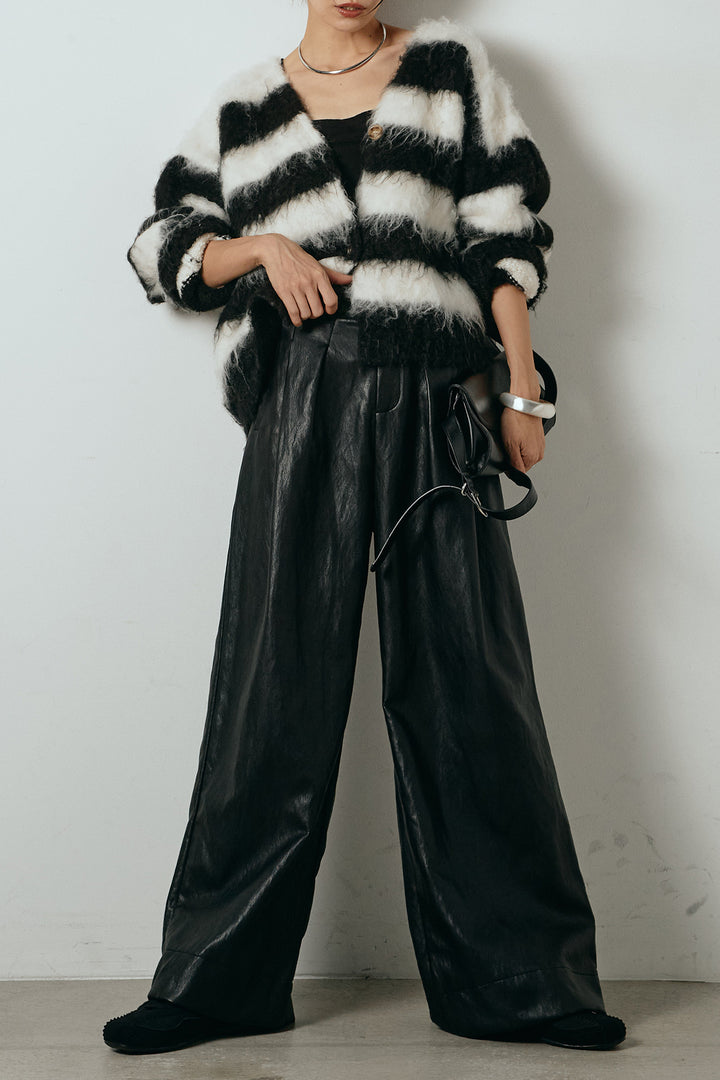 [SET]シャギーボーダー柄ニットカーディガン+ベルト付きレザーライクタックパンツ(2set)