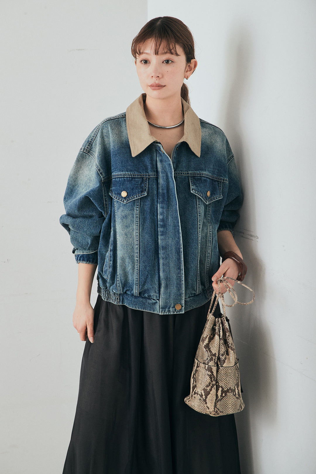 [SET]襟切り替えジップデニムジャケット+リラックスシアーフレアスカート(2set)