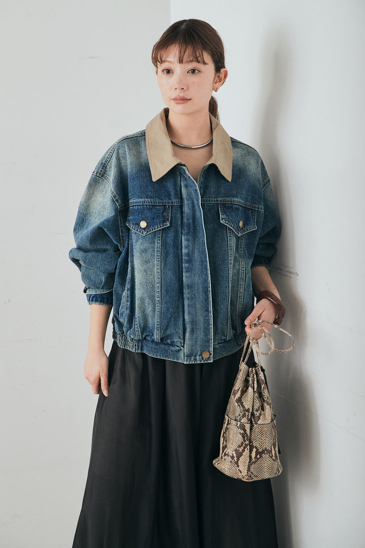 [SET]襟切り替えジップデニムジャケット+リラックスシアーフレアスカート(2set)