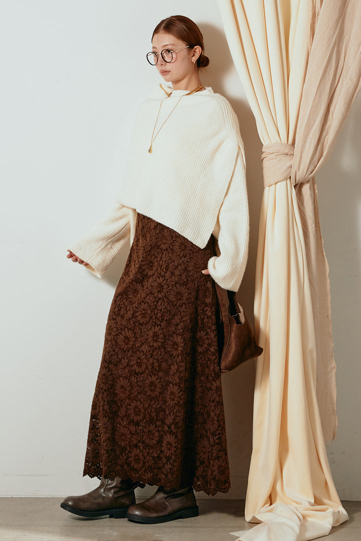[SET]ケープデザインリブニットトップス+花柄刺繍ベロアフレアスカート(2set)