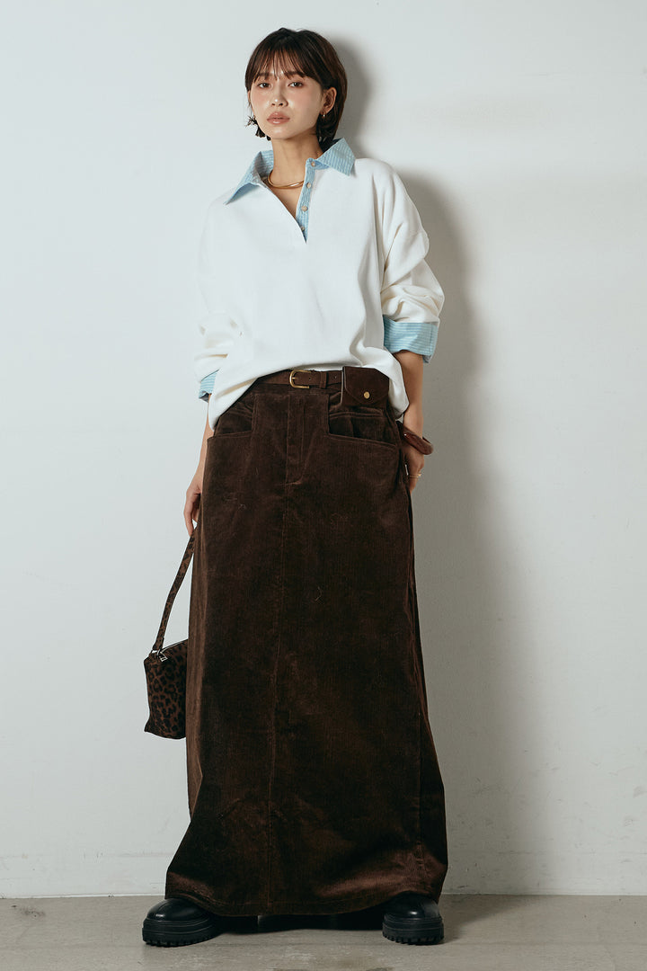 [SET]ストライプシャツドッキングポロトップス+ポーチベルト付きコーデュロイワイドスカート(2set)
