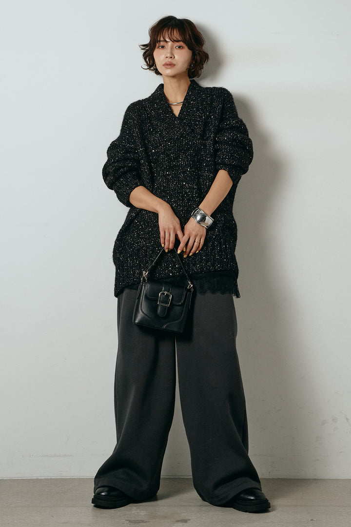 [SET]Vネックラメニットトップス+裏起毛スウェットワイドパンツ(2set)