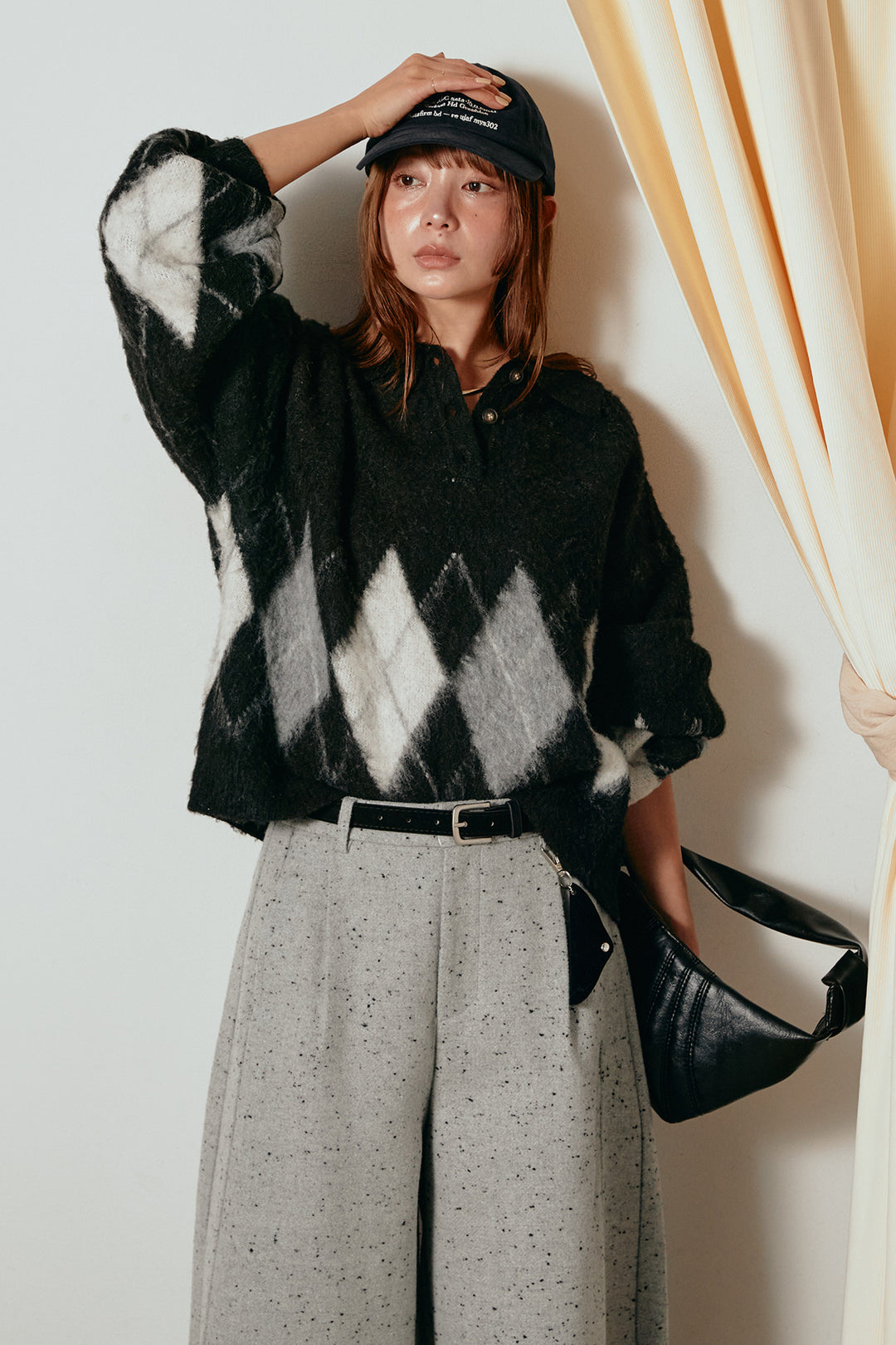 [SET]アーガイル柄ポロニットトップス+ベルト付きネップツイードカーブパンツ(2set)