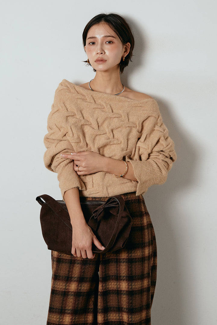 [SET]ボートネックニットトップス+ルーズタータンチェックワイドパンツ(2set)