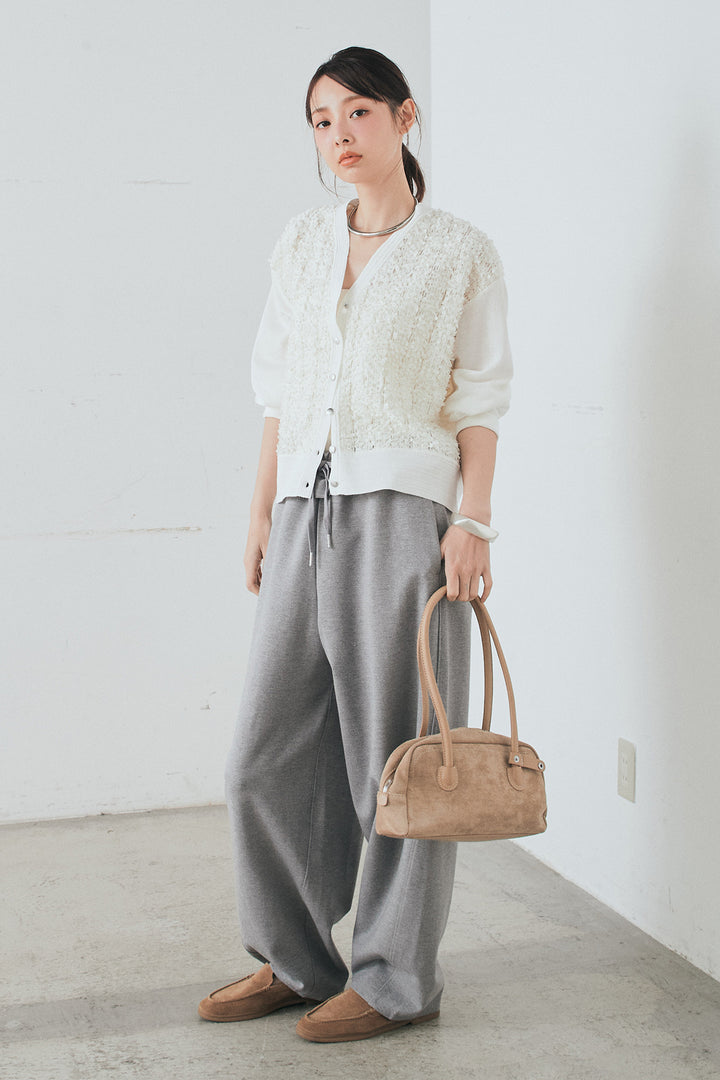 [SET]モコレースVネックカーディガン+カットダンボールウエストフリルカーブパンツ(2set)