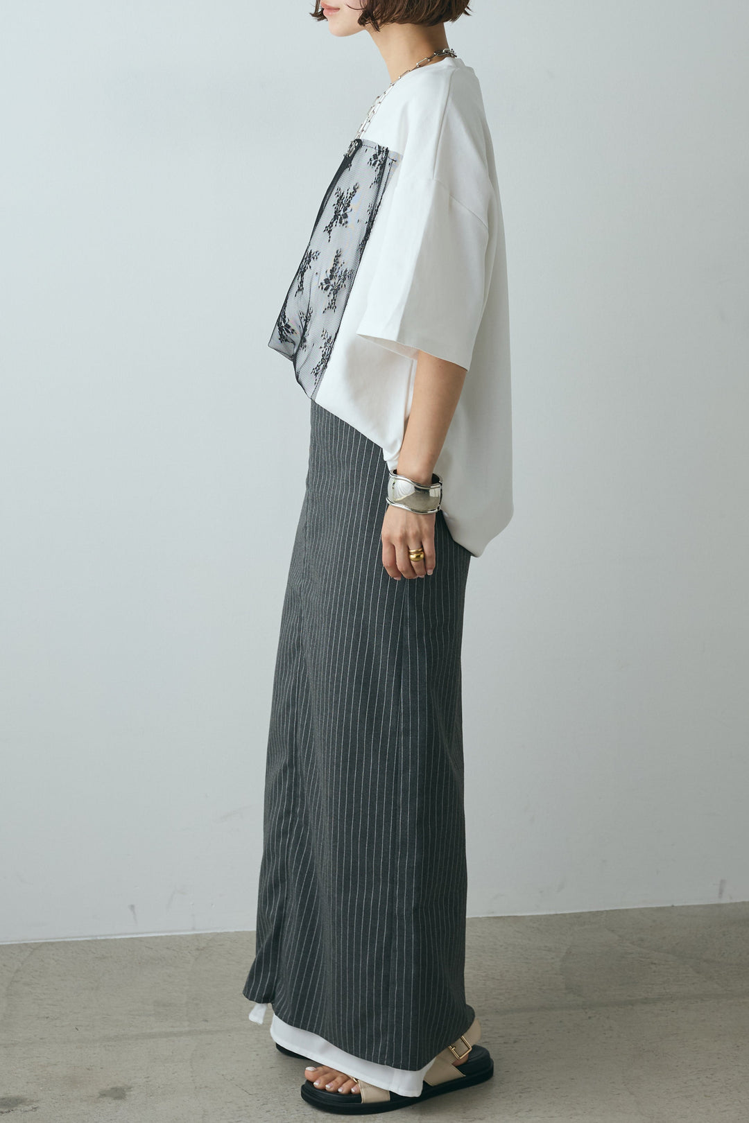 [SET]スクエアレース刺繍Tシャツ+ストライプストレートスカート(2set)