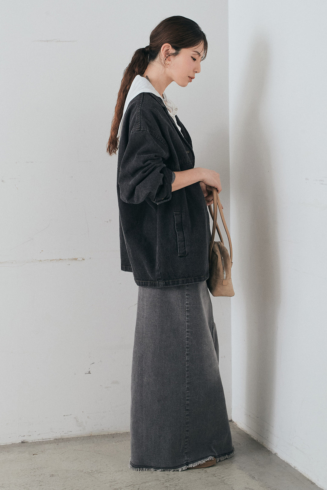 [SET]オーバーデニムジャケット+ウエストクロスデニムタイトスカート+シアーリブフーディプルオーバー(3set)