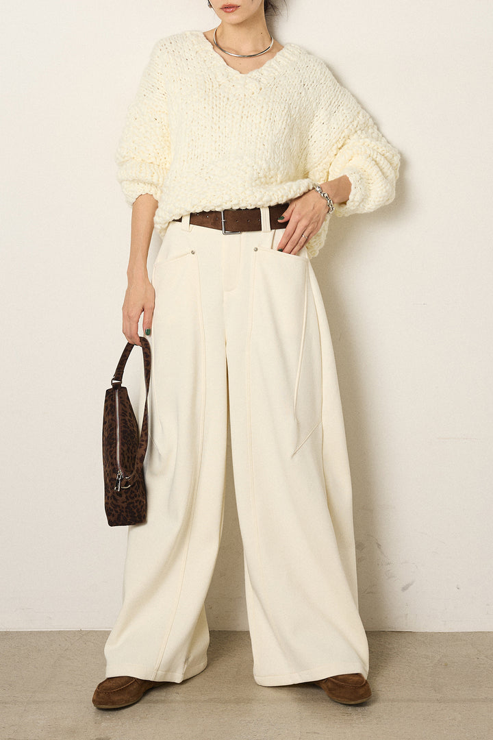 [SET]Vネックハンド編みニットトップス+太ベルト付きスウェットワイドカーブパンツ(2set)