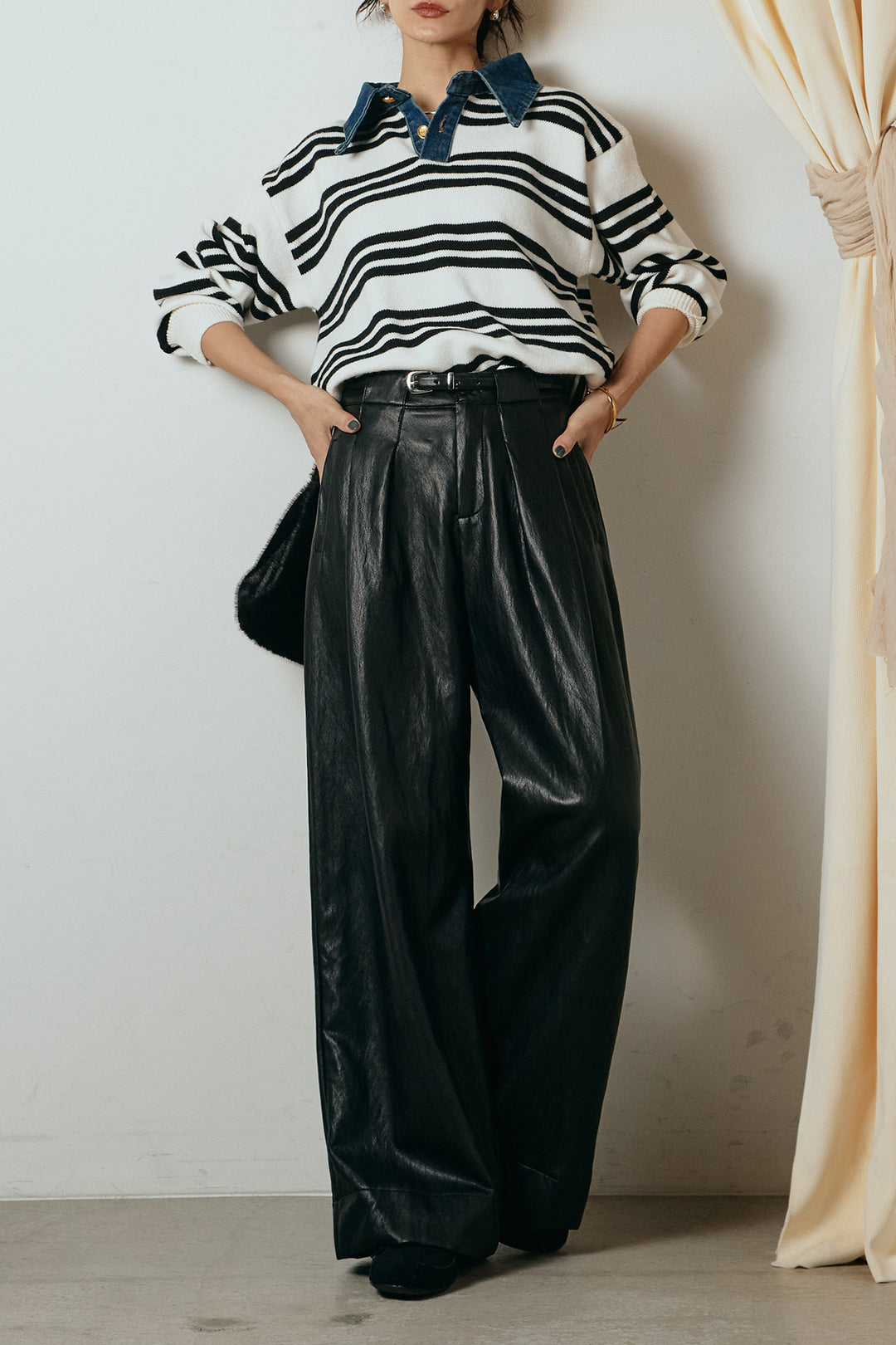 [SET]デニムレイヤード風ランダムボーダーニットプルオーバー+ベルト付きレザーライクタックパンツ(2set)