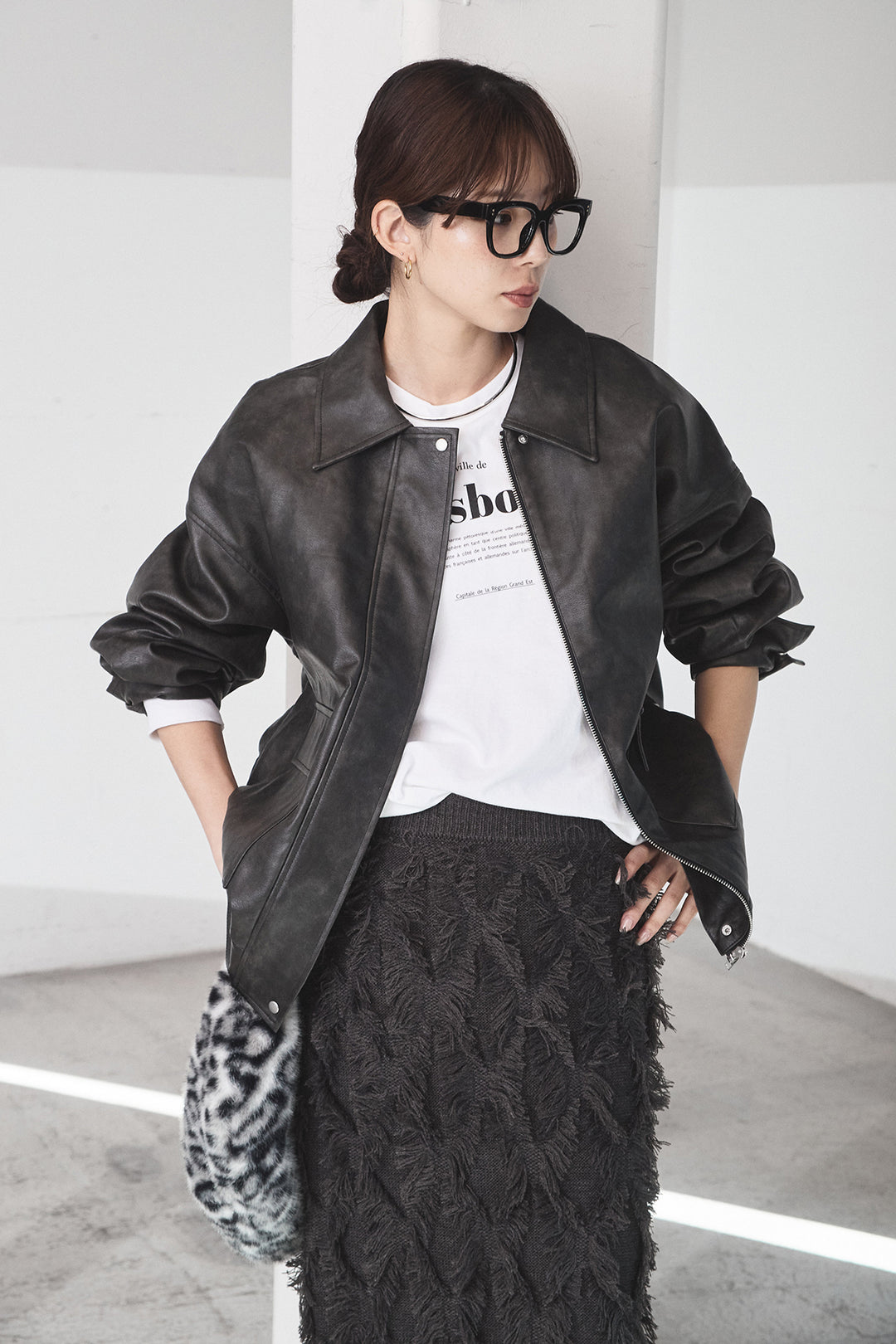 [SET]レザーライクオーバーサイズブルゾン+カットフリンジニットタイトスカート(2set)