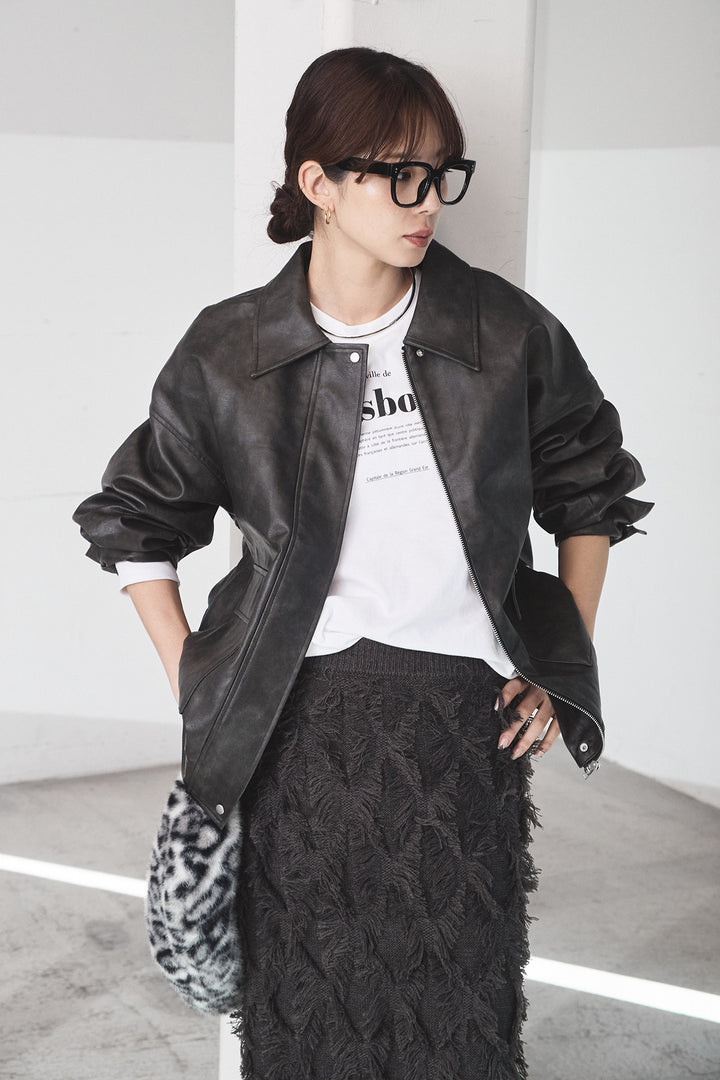 [SET]レザーライクオーバーサイズブルゾン+カットフリンジニットタイトスカート(2set)