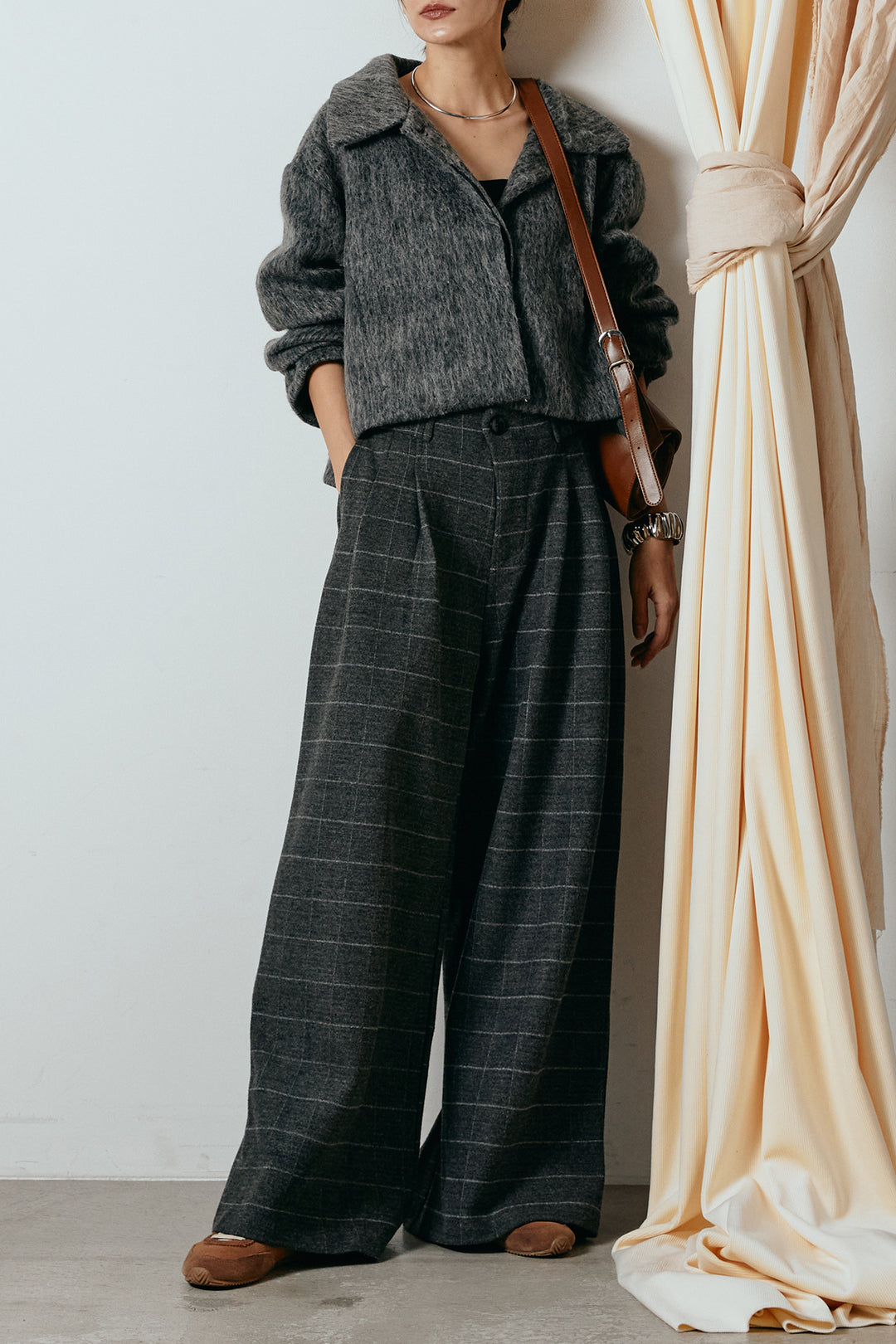 [SET]シャギーショートジャケット+スクエアチェック柄ワイドパンツ(2set)