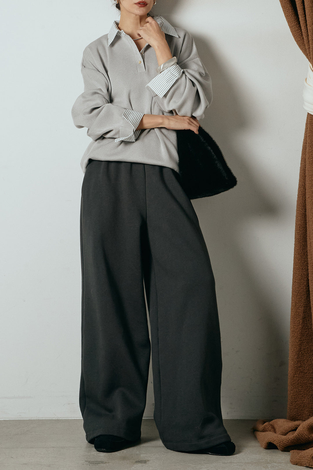 [SET]ストライプシャツドッキングポロトップス+裏起毛スウェットワイドパンツ(2set)