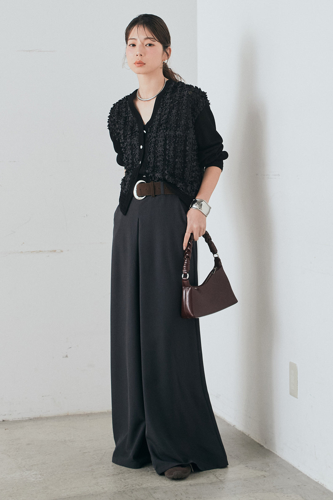 [SET]モコレースVネックカーディガン+太ベルト付きフロントタックパンツ(2set)