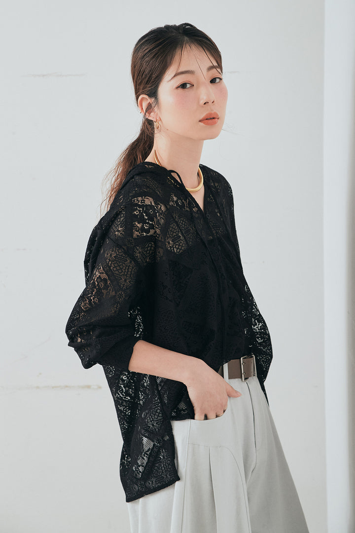 [SET]ブロックレースフード付きブラウス+ベルト付きサイドタックワイドパンツ(2set)