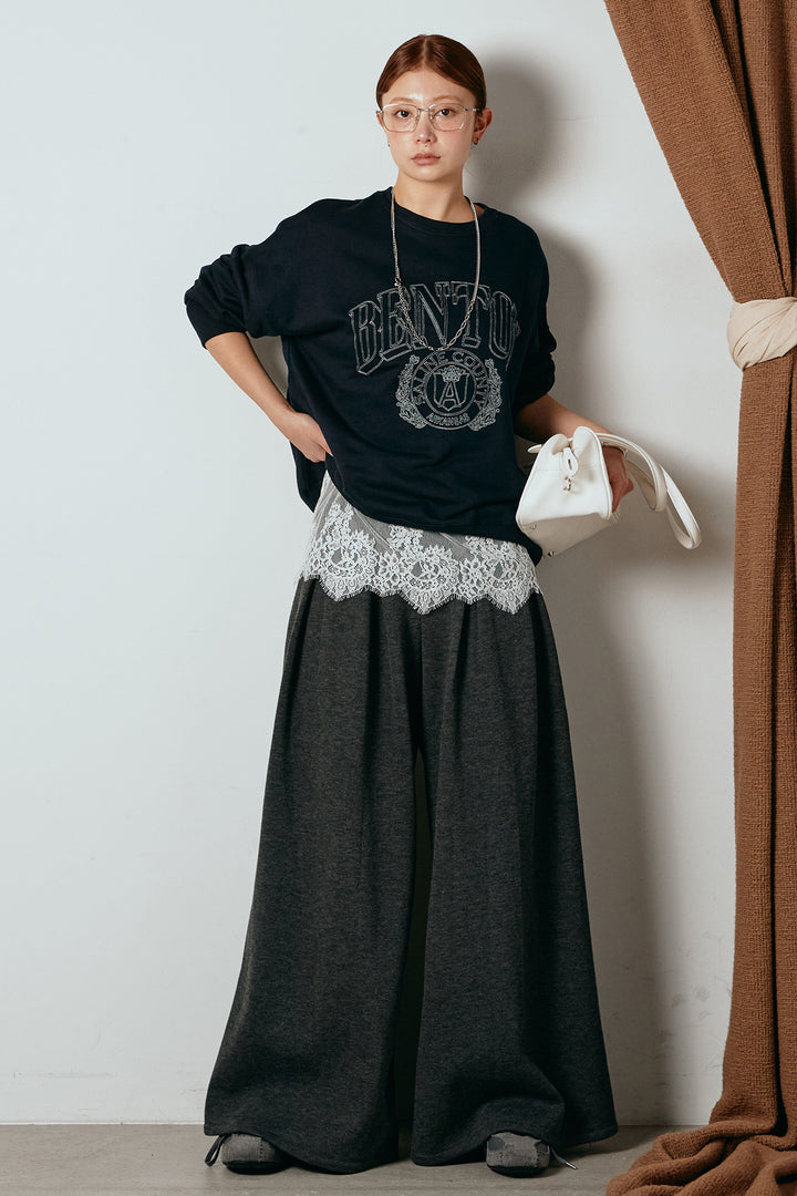 [SET]フロントロゴスウェットプルオーバー+フェイクレザー太ベルト付きタックワイドパンツ(2set)