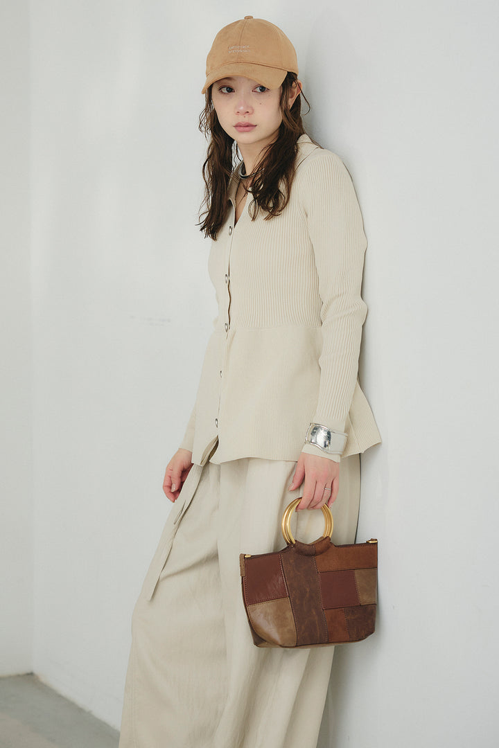 [SET]スキッパーペプラムニット+フェイクレザーカーブワイドパンツ(2set)