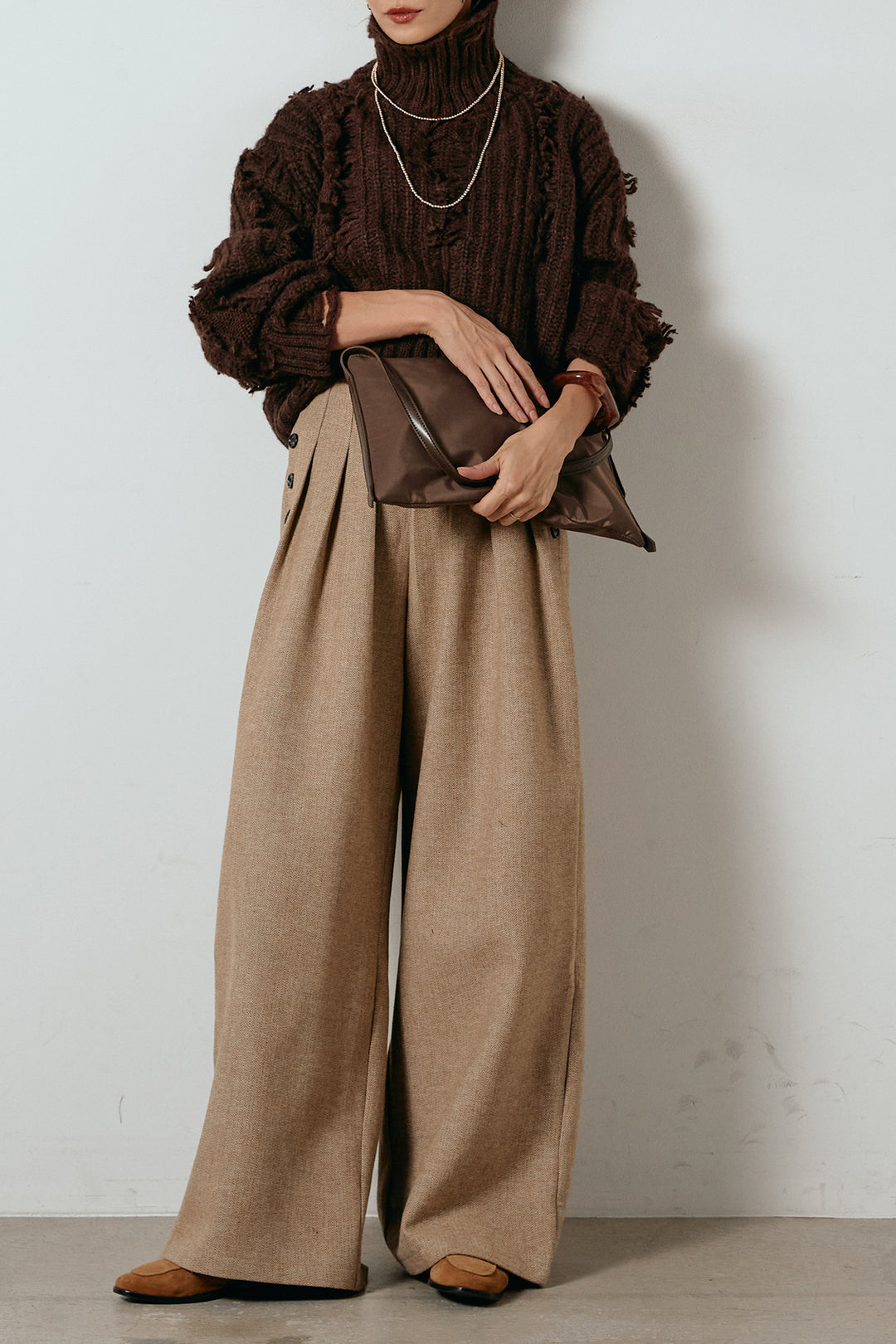 [SET]フリンジタートルショートニット+サイドボタンツイードタックパンツ(2set)