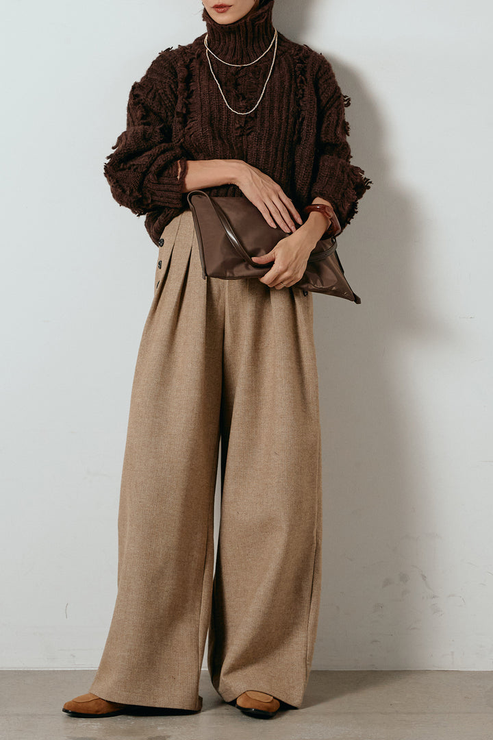 [SET]フリンジタートルショートニット+サイドボタンツイードタックパンツ(2set)