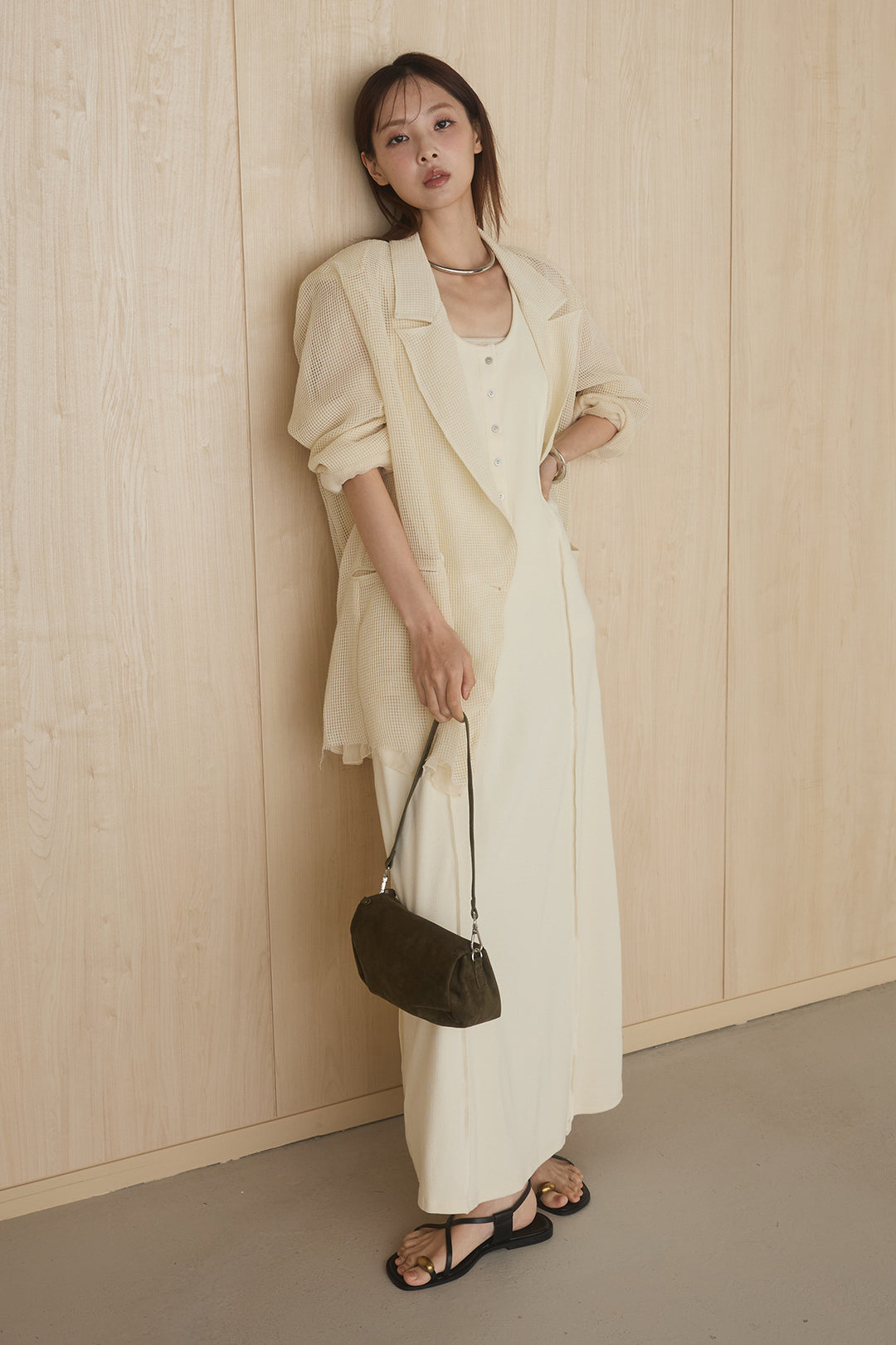 [SET]メッシュテーラードワイドジャケット+ノースリロングワンピース(2set)