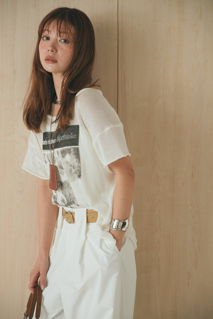 [SET]半袖モノトーングラフィックトップス+ベルトループデザインハイウエストタックパンツ(2set)