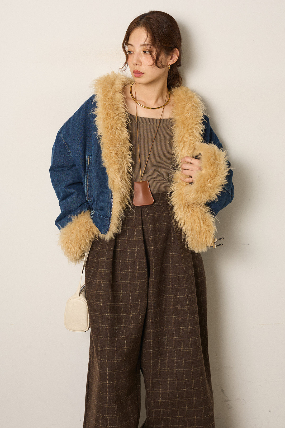 [SET]エコファーデニムボアジャケット+ウールライクチェックタックパンツ(2set)