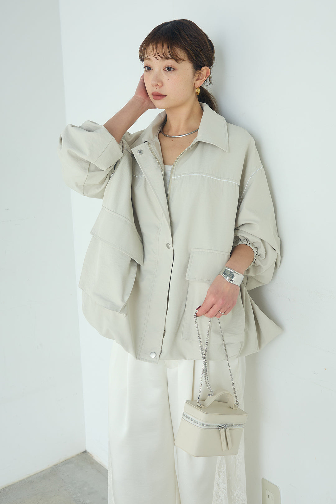 [SET]合繊ツイルバルーンジャケット+サテンレース切り替えタックパンツ(2set)