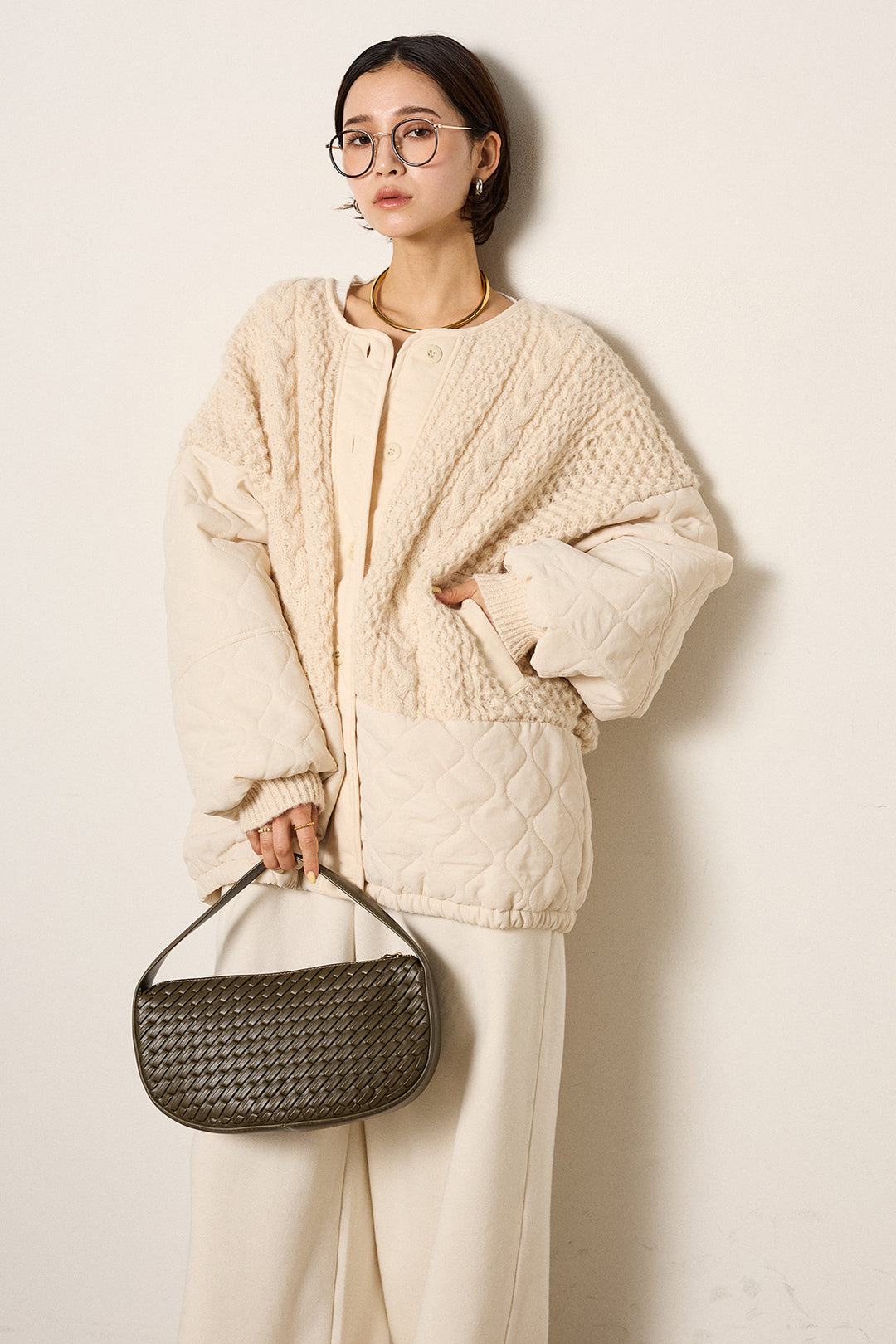 [SET]アラン編みニットノーカラー裾キルティングブルゾン+裏起毛スウェットワイドパンツ(2set)