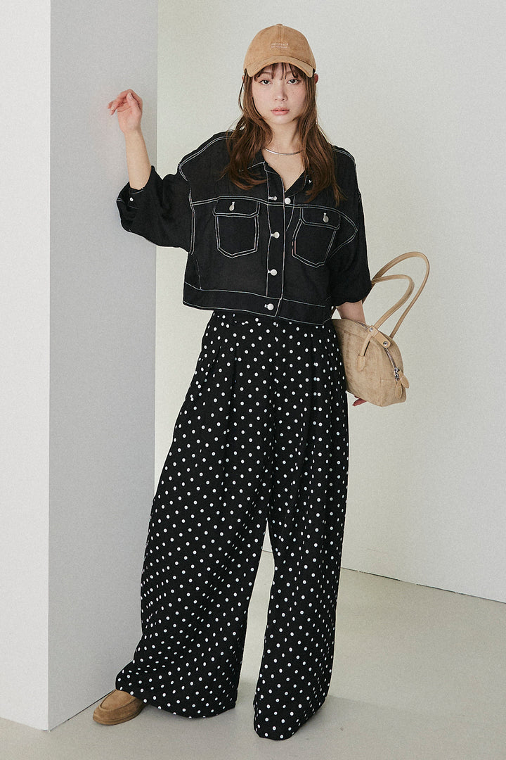 [SET]配色ステッチシアーシャツ+ベルト付きドット柄ワイドパンツ(2set)