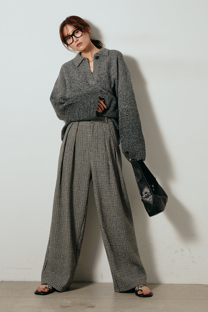 [SET]グラデーションラメニットキーネックプルオーバー+ガンクラブチェックタックパンツ(2set)